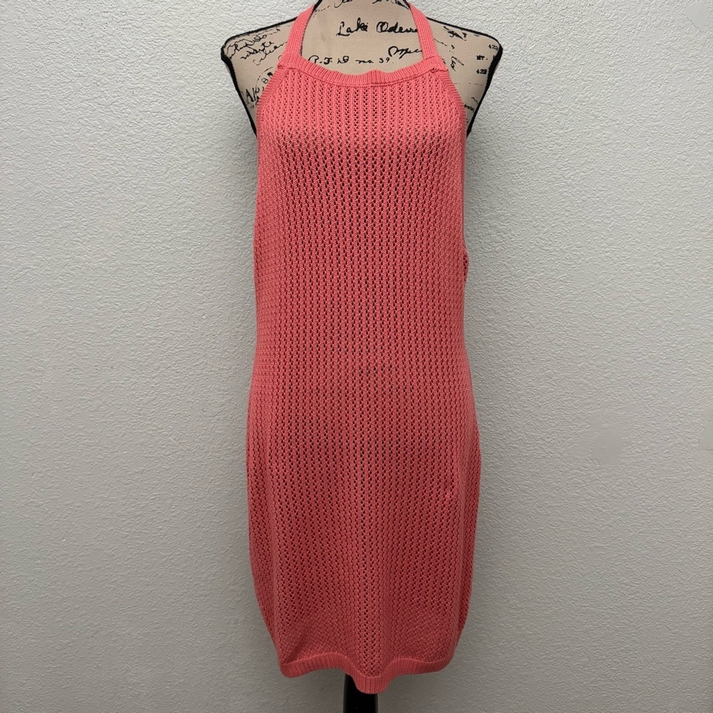 Lulu's‎ Crochet Knit Cover-Up Open Back Halter Dress Coral Size XL NWT